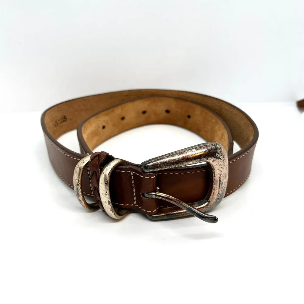 VINTAGE BRIGHTON Belt Brown Leather Silver Tone Buckle Braided Keeper SMALL